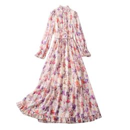 Autumn Multicolor Floral Print Ribbon Tie Bow Dress Long Sleeve Round Neck Buttons Long Maxi Casual Dresses A3Q191340 Plus Size XXL