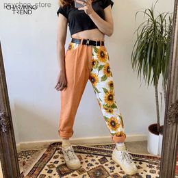 Women's Jeans Jeans Woman Vintage High Waist Pants Fit Young Girls Cute Sunflower Stitching Pattern Autumn Winter Trousers Female Orange Q230901