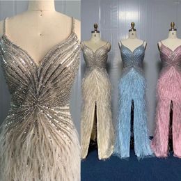 Party Dresses Luxury Feathers Evening For Pageant Straps V Neck Long Tulle Sparkly Diamonds Beaded Mermaid Vestidos Noche Gown