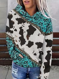 Women's Hoodies Western Cow Abstract Graphic Hoodie Women Autumn Winter Fashion Kangaroo Pocket Sweatshirts Casual Oversize Pullovers Tops