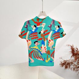 Women's T Shirts Short Sleeved T-Shirts Women Summer 2023 Half High Collar Characters Printed Stretch Slimming Tee Tops Female Casual