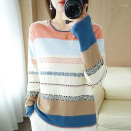 Women's Sweaters Spring And Autumn 2023 Cotton Knitwear Women Crew Neck Color Contrast Stripe Versatile Long Sleeve Underlay Fashion