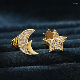 Stud Earrings Fashion Shiny CZ Zirconia Star And Moon Gold Color Ear Accessories Jewelry Gift For Women Girls