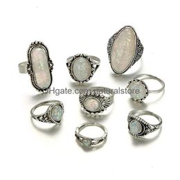 Cluster Rings Tocona Vintage Antique Sier Colour Sets Colorf Opal Crystal Stone Carve For Women Men Bohemian Jewellery Anillos 6421 Drop Dhekz