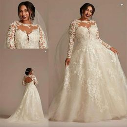 CASSINI Lace OLEG Illusion Long Sleeve Plus Size Wedding Dresses 2023 Sheer O-neck Applique Floral Puffy Skirt Princess Bridal Gown Robes