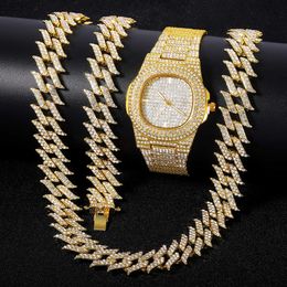 Strands Hip Hop Bling Men Women Watch Bracelet Necklace Set Iced Out Full Rhinestone Calendar Quartz Watches Relogio Feminino Jewelry 230613