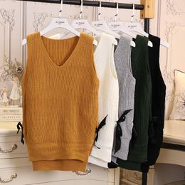 Women's Sweaters Autumn Winter Women Knitted Vest Coat Loose V Neck Bow Pullovers Sweater Waistcoat Solid Sleeveless Jacket Tops Female 1520