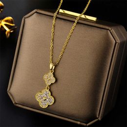 Designer Four-leaf clover Necklace Luxury Top Zircon Pendant female 18K gold Colour preserving titanium steel clavicle necklace Van Clee Accessories Jewellery