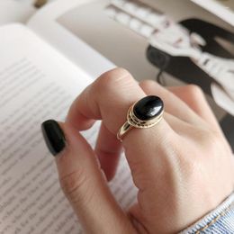 Cluster Rings Punk Authentic S925 Sterling Silver Fine Jewelry Oval Shape Black Agate Ring Adjust C-J871