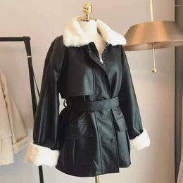 Women's Leather 2023 Winter Korean Loose Faux Fur Coat Vintage PU Biker Jacket With Wool Lining