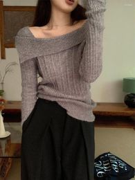 Women's Sweaters Black Long Sleeve Knitted Base Coat Women 2023 Style Lapel Off Shoulder Slim Sweater Top Korean Fashion Y2k Clothes