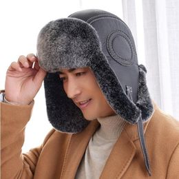 Berets 2023 Winter Men's Real Rex Fur Bomber Hat Ushanka Cap Trapper Russian Man Ski Hats Caps Sheepskin Leather