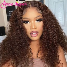 Synthetic Wigs Chocolate Brown Deep Wave 13x4 Transparent Lace Front Wigs Wet Wavy Human Hair Wigs Pre Plucked Brazilian #4 Curls Frontal Wig 230901