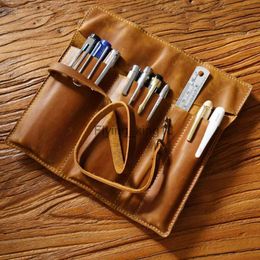 Pencil Bags Handmade Genuine Leather Pencil Case Zipper Nature Cowhide Pen Protection Bag Holder Pouch School Supplies Office Stationery HKD230902
