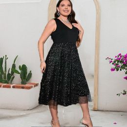 Plus Size Dresses Elegant Women Dress 5XL Sequin Beading Shiny Black Midi Party 2023 Spring Summer Female Prom Vestido