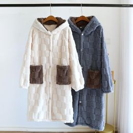 Women's Sleepwear Coral Velvet Couple Robe Pyjamas Women Winter Long Nightgown Dresses Loungwear Thickened Flannel Hooded Plush Homewear