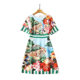 Autumn Green Floral Print Panelled Dress Short Sleeve Round Neck Knee-Length Casual Dresses S3Q270726 Plus Size XXL