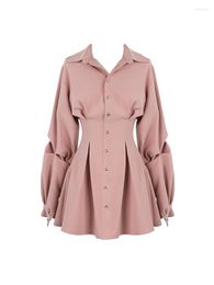 Casual Dresses Fall Single-breasted Long Sleeve Shirt For Women 2023 Formal Occasion Pleated Mini Tunic Elegant Frocks Design One-Piece