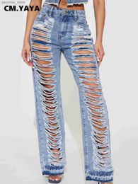 Women's Jeans CM.YAYA Blue Denim Pants for Women 2023 Summer Streetwear Fashion Cutout Ripped Hollow Out Wide Leg Straight Jeans Trousers Q230901