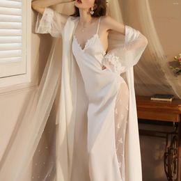 Women's Sleepwear Women Sexy Long Kimono Dress Lace Bath Robe Lingerie Ice Silk Nightdress Nightgown Nightwear French Style Bride Vintage