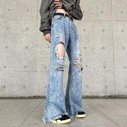 Women's Jeans Women Flare Sexy Denim With Holes In The Knee Vintage Baggy Wide Leg Straight Fashion Blue Water Wash Trousers