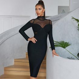 Casual Dresses High Collar Perspective Sexy Black Fashion Elegant Slim Fit Long Bandage Dress Women's Party Ceremony Clothing 2023 Style