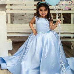 Girl Dresses Flower Blue Satin Simple Backless Little Child Ball Gown For Wedding First Communion Pageant Gowns Birthday