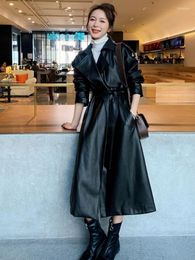 Women's Leather Long PU Coat Autumn Winter Waist Slim Lace Up Coats Jackets For Women 2023