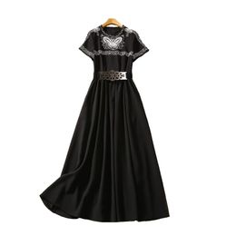 Summer Black Contrast Color Butterfly Embroidery Dress Short Sleeve Round Neck Belted Midi Casual Dresses A3Q191340 Plus Size XXL