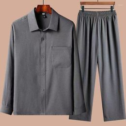 Men's Tracksuits Spring Summer Men Long Leeve Shirt Pants 2-piece Set For Male Outfits Clothes Loose Casual Lce Silk Cotton Linen Suit