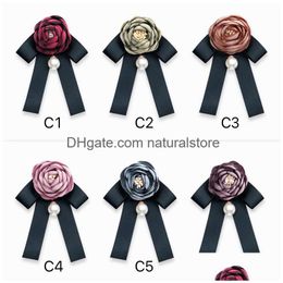 Pins Brooches Designer Retro Rose Pearl Flower Black Bow Tie Blouse Collar Pin Clothing Boutonniere 6 Colors Fashion Accessories Women Dhgvz