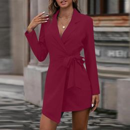 Women's Suits Blazer Dress Women Fashion Suit Collar Solid Color Tie Waist Long Sleeve Outerwear Office Lady Casual Business Formal