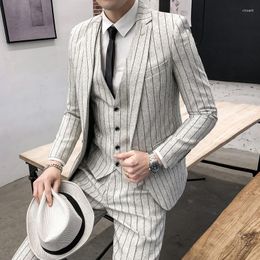 Men's Suits (Jacket Vest Pants) High Quality Stripe Suit Bridegroom Wedding Tailcoat Business Slim Fit Three Piece Set
