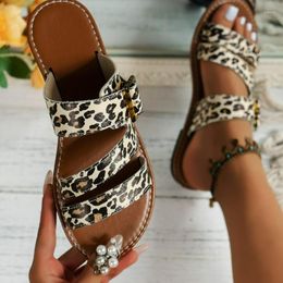 Slippers European And American Large Size Leopard Print Flat Open Toe Vintage Buckle For Beach Women's Women Shoes