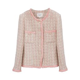 2023 Autumn Pink Plaid Contrast Trim Tweed Jacket Long Sleeve Round Neck Double Pockets Single-Breasted Jackets Coat Short Outwear A3G306629