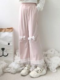 Women's Pants Sweet Cute Wide Leg Corduroy Japanese Kawaii Bowknot Soft Girls Elastic Waist Loose Srping Casual Lovely Lace Pant