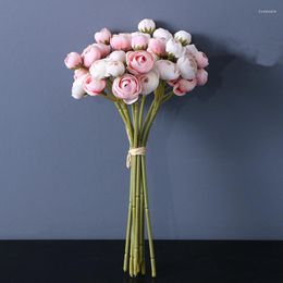 Decorative Flowers Brazil Tea Rose Bouquet Mariage Silk Artificial Pink Room Decor Flores Party Favors Fleurs Artificielles