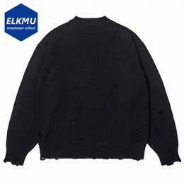 Men's Sweaters Fashion Ripped Sweaters Harajuku Streetwear Sweaters Men Black White Hip Hop Jumpers Knitted Pullovers Unisex Y2K Sweater 230901