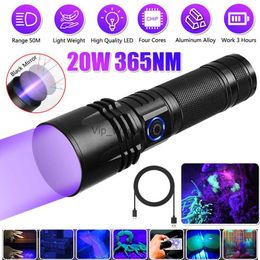 Torches 20W UV Black Light 365nm Woods lamp USB Rechargeable Filtered LED Ultraviolet Flashlight Pet Pee Urine Rocks Gem Money Detector HKD230902