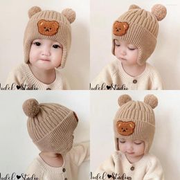 Berets Korean Cartoon Bear Baby Hat Cute Pompom Boys Girls Cap Beanies Winter Warm Knitted Toddler Kids Ear Protection Hats