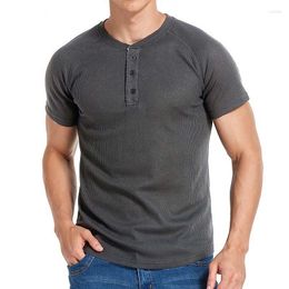 Men's T Shirts Men Button O-Neck Short Sleeve Slim T-shirts Casual Male Solid Elastic Stretch Tee Tops KCFZ-2107