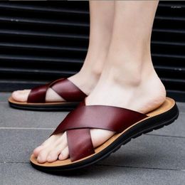 Slippers Leather For Men 2023 Beach Summer Shoes High Quality Big Size 38-47 Slip On Light Flats Male Flip Flops