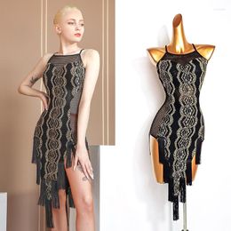 Stage Wear Summer Latin Dance Sling Dress Mesh Fringe Competition Dresses Tango Practice Women Rumba Performance Costume VDB3677