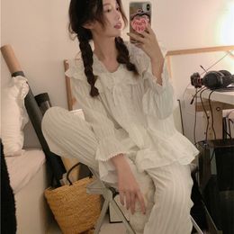 Women's Sleepwear Autumn Winter Lace Women Pyjama Set Long Sleeve Single Breasted Soft Princess Cotton Pants Home Suit S293