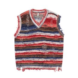 Men's Sweaters Vintage Gradient Stripe Baggy Knitted Sweater Y2k Vest Washed Ripped Knitwears Tank Top Tie Dyeing V-Neck Sleeveless Pullovers 230901