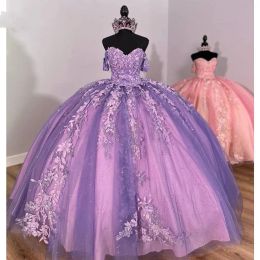 Lavender Quinceanera Dresses 3D Floral Lace Applique Sleeveless Beaded Floor Length Straps Tulle Corset Back Sweet 16 Party Prom Ball Evening Vestidos 403 403