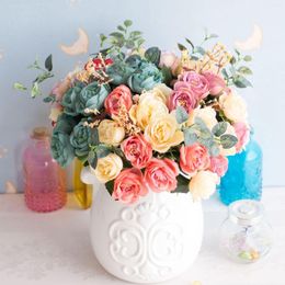 Decorative Flowers European Style Simulation With 10 Heads Of Love Roses Tea Buds Artificial Plastic