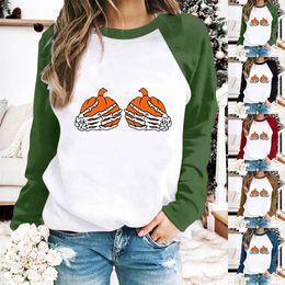 Women's Hoodies Ladies Splicing Color Pumpkin Hand Print Colorblock Zip Up Colla Sweatshirt Women Sweater Long Shirts