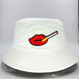 Berets Lip Embroidery Cotton Bucket Hat Fisherman Outdoor Travel Sun Cap Hats For Kid Men Women 01