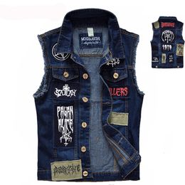 Men's Vests Classic Vintage Men's Jeans Vest Sleeveless Jackets Fashion Patch Designs Punk Rock Style Ripped Cowboy Frayed Denim Vest Tanks 230901